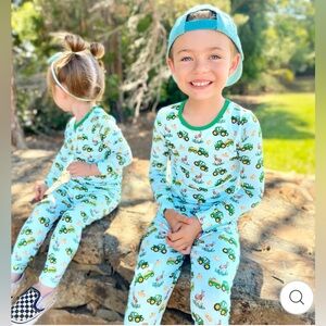 FREE BIRDIES Green Tractors Long Sleeve Bamboo Pajama Set - 3T
